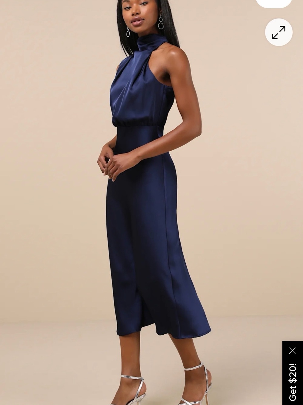 Lulu’s Navy Satin High-Neck Asymmetrical Midi Dress - Picture 2 of 6